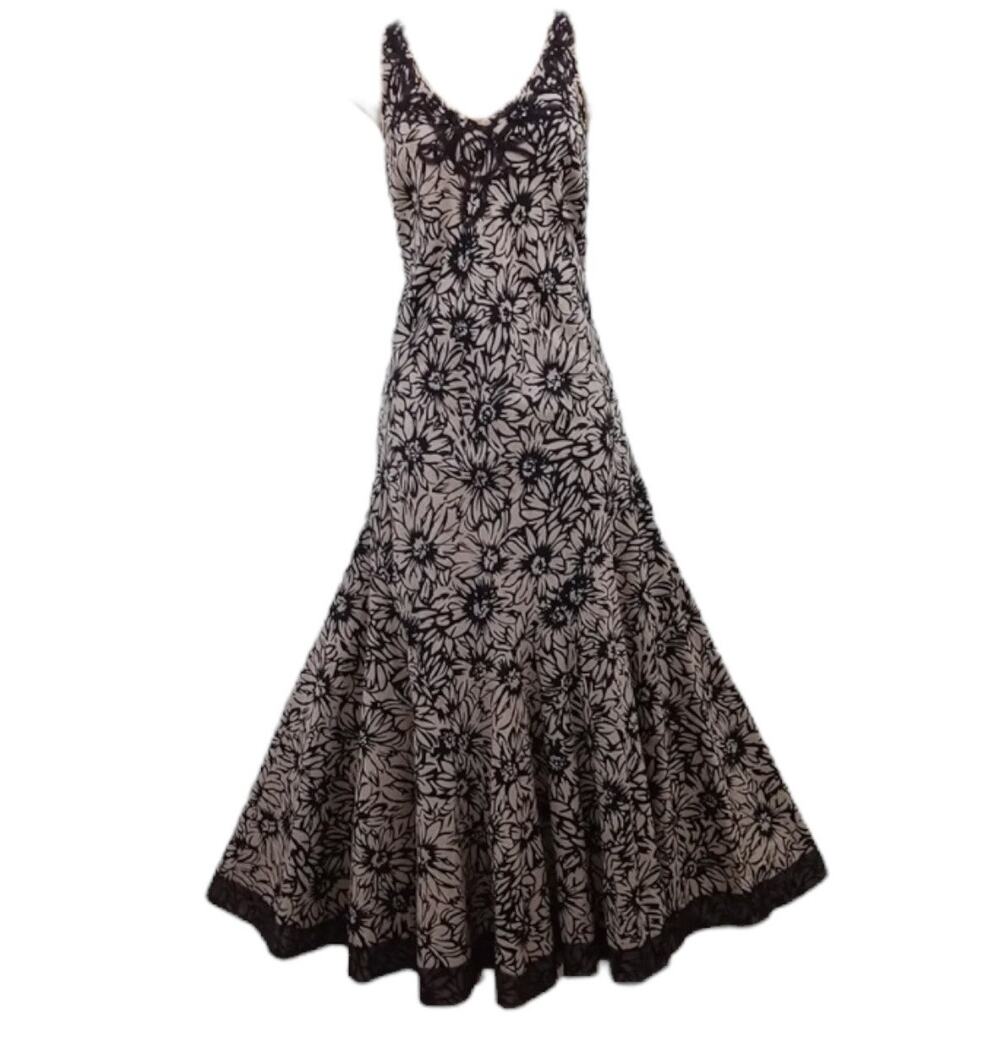 Per Una cotton sleeveless floral tan & black lace Godet dress size 8 USA